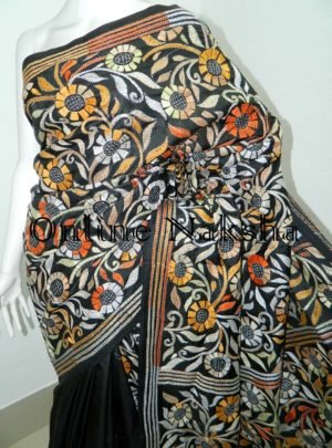 Black Floral Pure Silk Kantha Saree